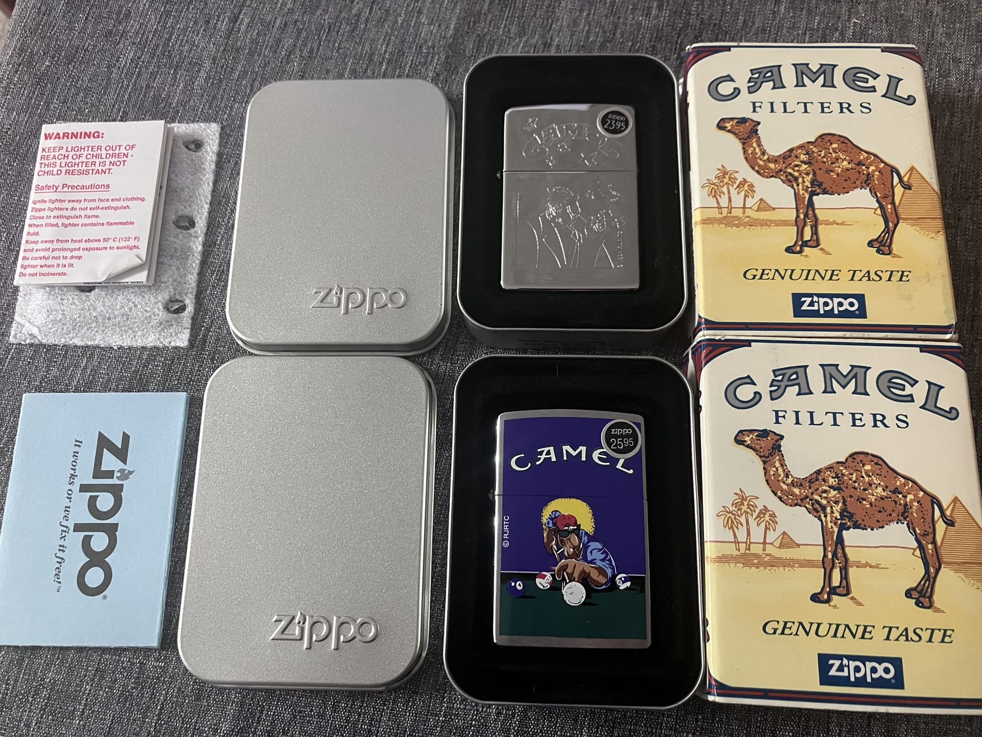 2 Vintage Camel ZIPPO Lighters Brand New In Original Packaging