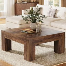 39.4-Inch Square Coffee Table for Living Room, Farmhouse All MDF Accent Center Cocktail Table with Sturdy Wooden Legs, Easy Assembly, Rustic Brown
