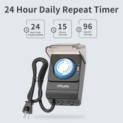 TiFFCOFiO Outdoor Heavy Duty Mechanical Timer Outlet Waterproof, 15 Minutes Intervals, 24 Hour Outdoor Pool Pump Timer with 2FT Cord, 2 Grounded Outle