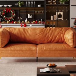 73'' Mid-Century Modern Couch, Small Loveseat, Orange Fabric Solid Wood Frame, Comfy Cushions, Tool-Free Assembly, for Office, Living Room, 