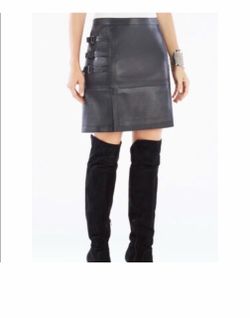 NWT BCBG Black Faux Leather Mini Skirt with Side Buckle Detail | Size S