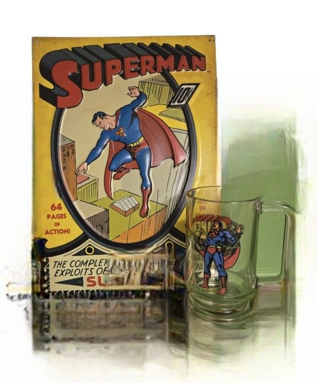Superman vintage collectable clear glass mug with tin sign