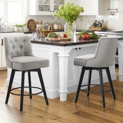 Light Gray 26.5 in. Gray Fabric Upholstered Solid Wood Leg Counter Height Swivel Bar Stool With Back（Set of 2）