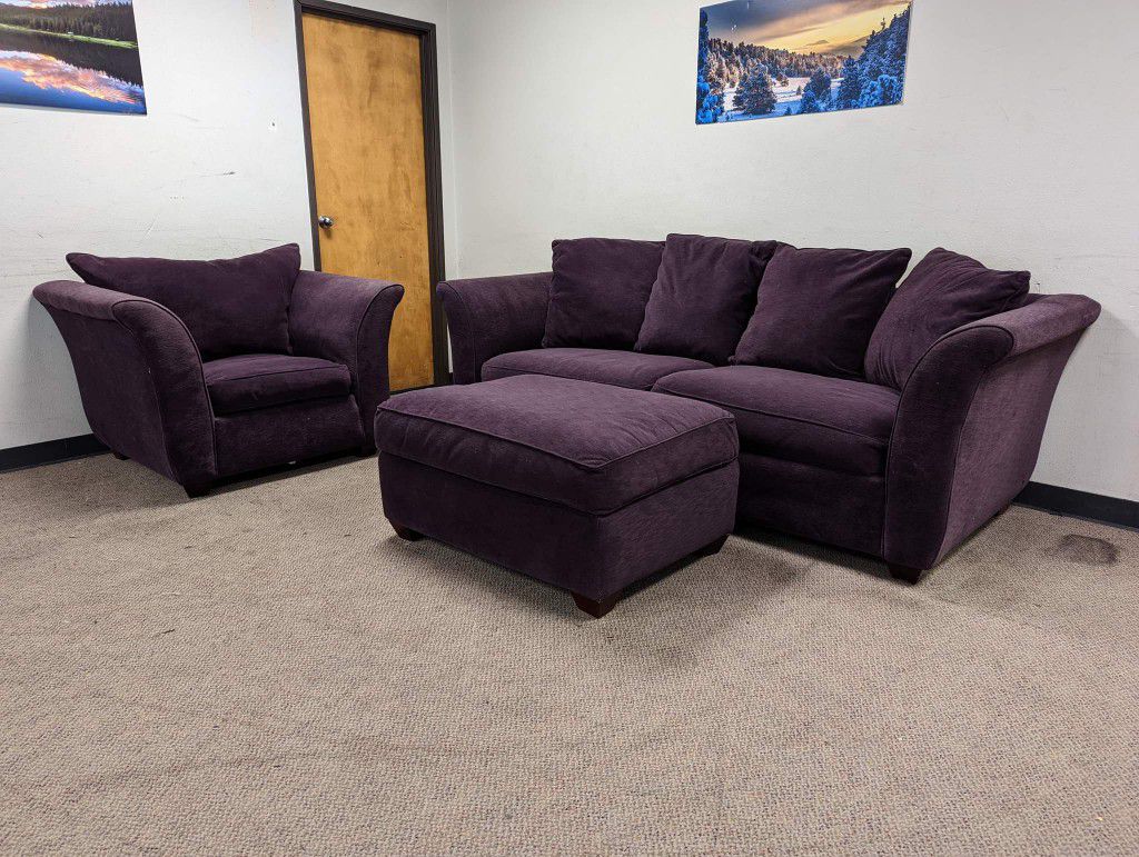 Contemporary Plum Couch And Chair Set With Ottoman 