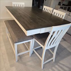 White/Grey Counter-Height 6-Piece Dining Set with Storage Shelves Table Chair Bench
