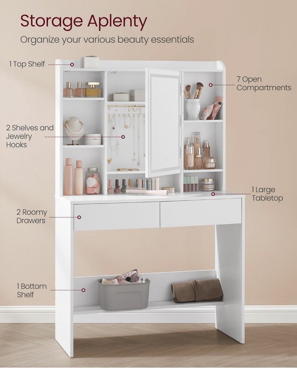 Vanity Desk with Mirror and Lights, Makeup Vanity with Upholstered Vanity Stool, Dimmable LED Lights, Adjustable Shelves, 7 Compartments, 2 Drawers, f