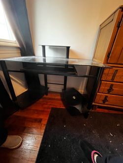 Glass computer desk with keyboard slide