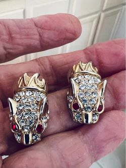 Vintage Gold Tone Dragon Skull Earrings with Rhinestones