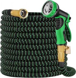 Expandable Garden Hose 100 ft - Kink Free Flexible Water Hose 100ft with 10 Pattern Spray Nozzle, 3/4 Solid Brass Connectors, Retractable Latex Core