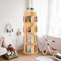 OOOK Rotating Bookshelf for Kids & Adults, Spinning Bookshelf Tower with Large Capacity for Small Space, 360° Display 4 Tier Floor Small Round Corner 