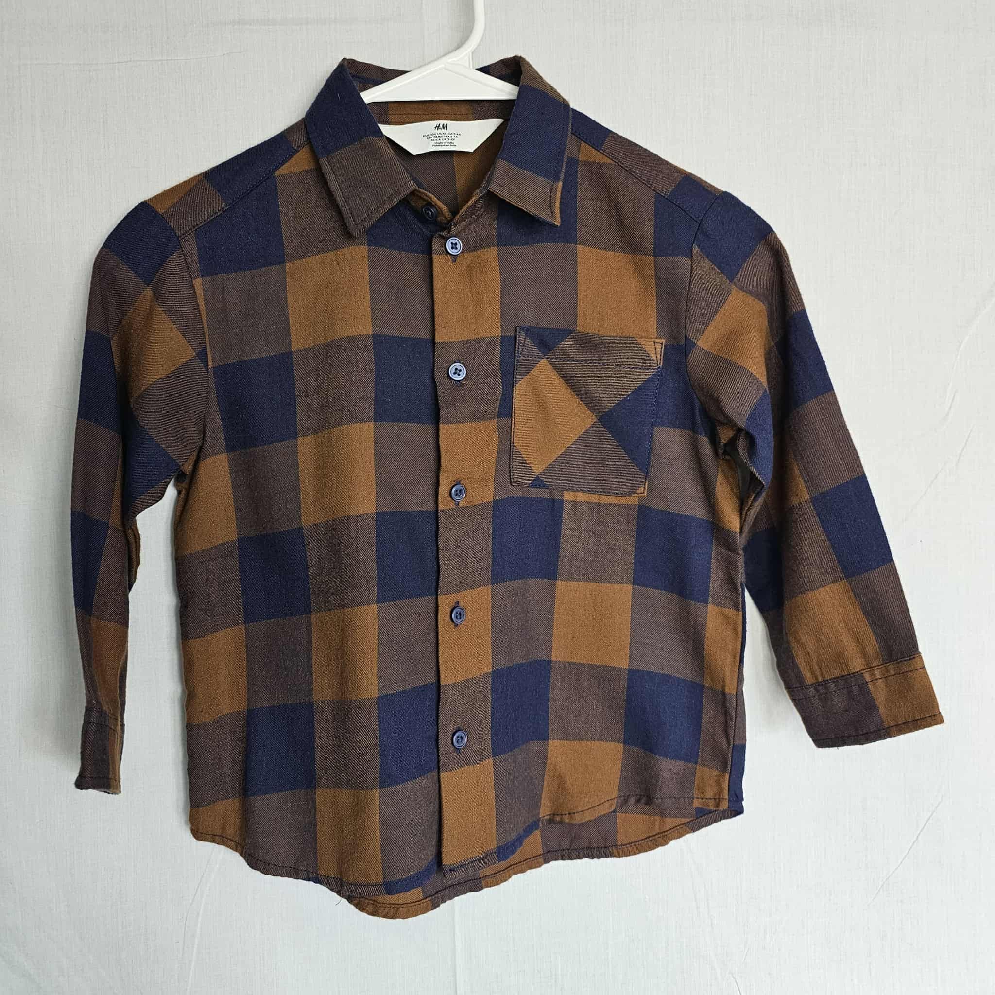 H&M Brown Blue Plaid Flannel Shirt Button Down Long Sleeve Casual Boy Size 4T