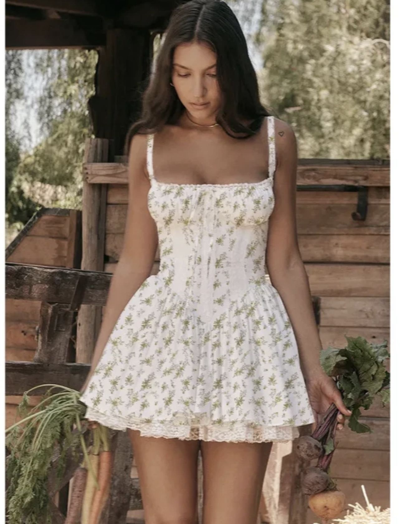 Sexy Spaghetti Strap Lace Trim Floral Printed Corset Style Flare Midi Dress Extra Small