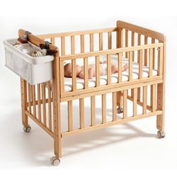 3-in-1 Wood Baby Bassinet Bedside Sleeper – Portable Mini Crib with Breathable Mattress, 6 Heights, Storage Basket & Wheels, Natural Finish for Newbor
