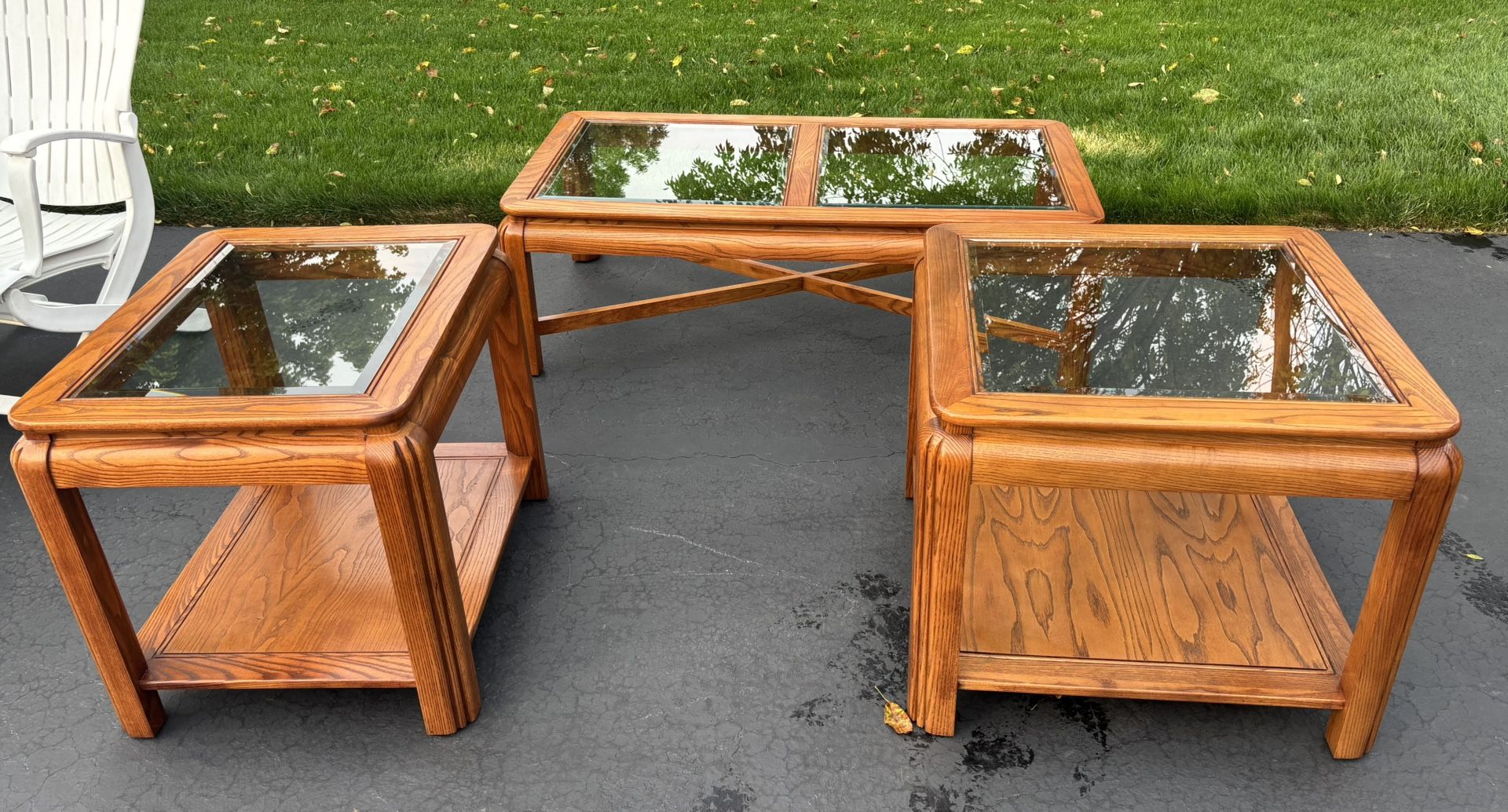 Coffee Table & 2 End Tables. Solids Oak/Beveled Glass