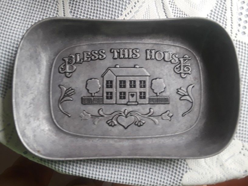 Pewter Bread Tray 'Bless This House'  Large 10.75"
