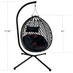 Foldable Hanging Egg Chair with Stand, HDPE Rattan Wicker Swing Chair with Cushion, Heavy Duty Frame 350 Lbs Capacity, Outdoor Patio Indoor Bedroom Ba