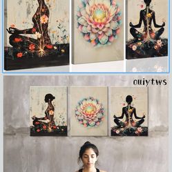 Yoga and Flower themed Meditation Wall Art Set of 3, Spiritual Meditation Women's Match with Flower and Lotus Patterns Canvas Poster Prints Painting,f