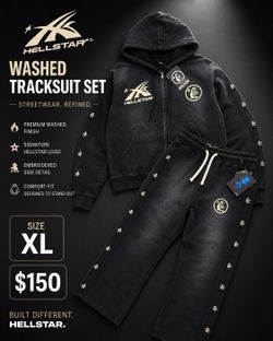 Hellstar hoodie and zipper stands out for its worn black finish and distinctive graphic details.