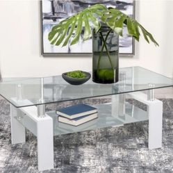 Coffee Table for Living Room, Rectangle Glass Coffee Table 2-Tier Center Table with Stainless Steel Tube