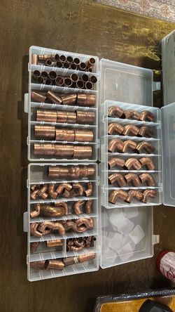 Copper Plumbing Fittings Lot with Organizer Toolbox