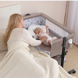 Baby Bassinet, Baby Basinet Bedside Sleeper, Easy to Fold Portable Crib Side Bassinet 2023new Style Girl/boy bassinets (Beige)
