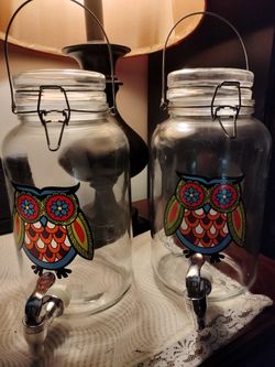 Glass Beverage Dispenser(s) With Spout Perfect For Parties, sold as a set of 2 or separately, Funky Colorful Owl Details 