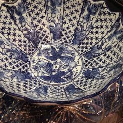 Vintage  Blue Koi Porcelain Bowl 