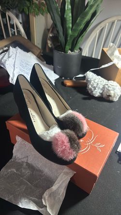 Vintage Bettye Muller Black Suede Heels with Fur Pom-Pom Detail