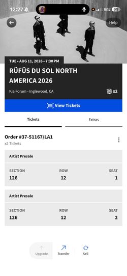 selling two rufus du sol tickets for tuesday at sofi!! 200 each obo