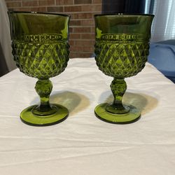 Vintage Green Diamond Pattern Goblets Set Of 2