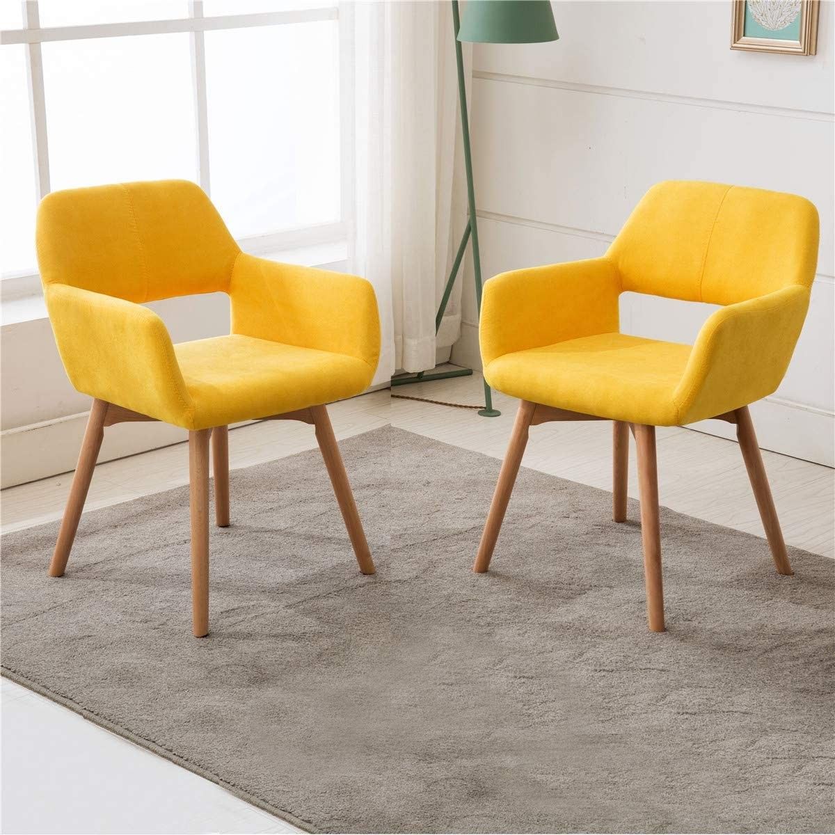 (Set of 2) Arm Chairs Curved Silhouette Solid Wood Legs w/ Soft Foam (Yellow)