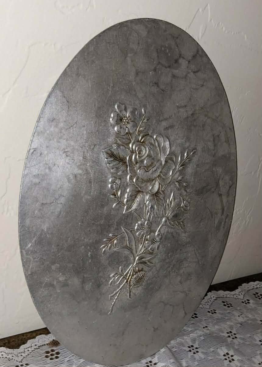 VINTAGE ORNATE SILVER METAL FLORAL FLOWER ROSE TRIVET ACCENT TABLE DECOR PICTURE 3D PLAQUE