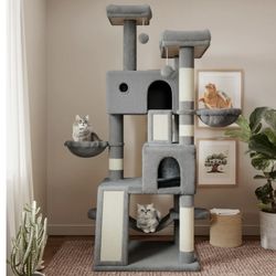 USAN1047027-5，65.7 " Large Cat Tree Tower and Condo for Cats with Hammock & Scratching Posts, Grey