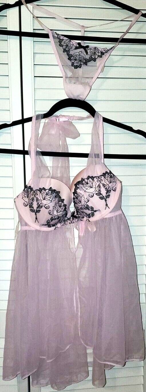 Victoria’s Secret Negligee Nightgown Lingerie Pink Lace 2 Piece Set 36C/Lg
