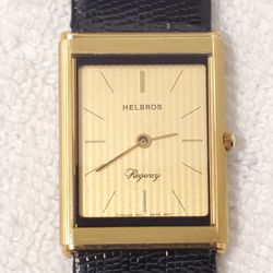 Vintage Helbros Regency Swiss Men's Gold Plated Tank Watch 6 Jewels Leather Band