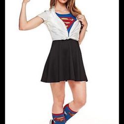 Clark Kent Dress Women’s Adult medium (8-10) Dress, Glasses, Halloween Costume, made China, brand DC, 2 piece set, tie front dress & character glasses