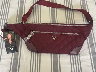 Vanessa Williams quilted red wine fanny pack with V logo.