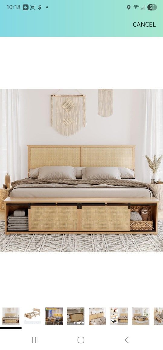 GarveeHome Natural Rattan Full Size Bed Frame with Sliding Barn Door Storage Cabinets and LED Light Headboard, Boho Farmhouse Wood Platform Bed with S