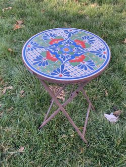 Vintage Folding Mosaic Tile Side Table Plant Stand Bistro Table 22” Tall 14” Dia
