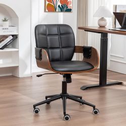 Home Office Desk Chair with Caster Wheels, Walnut Craftsmanship, Ergonomic Curved Back and Arms, Faux Leather, Height Adjustable, Computer Chair for D