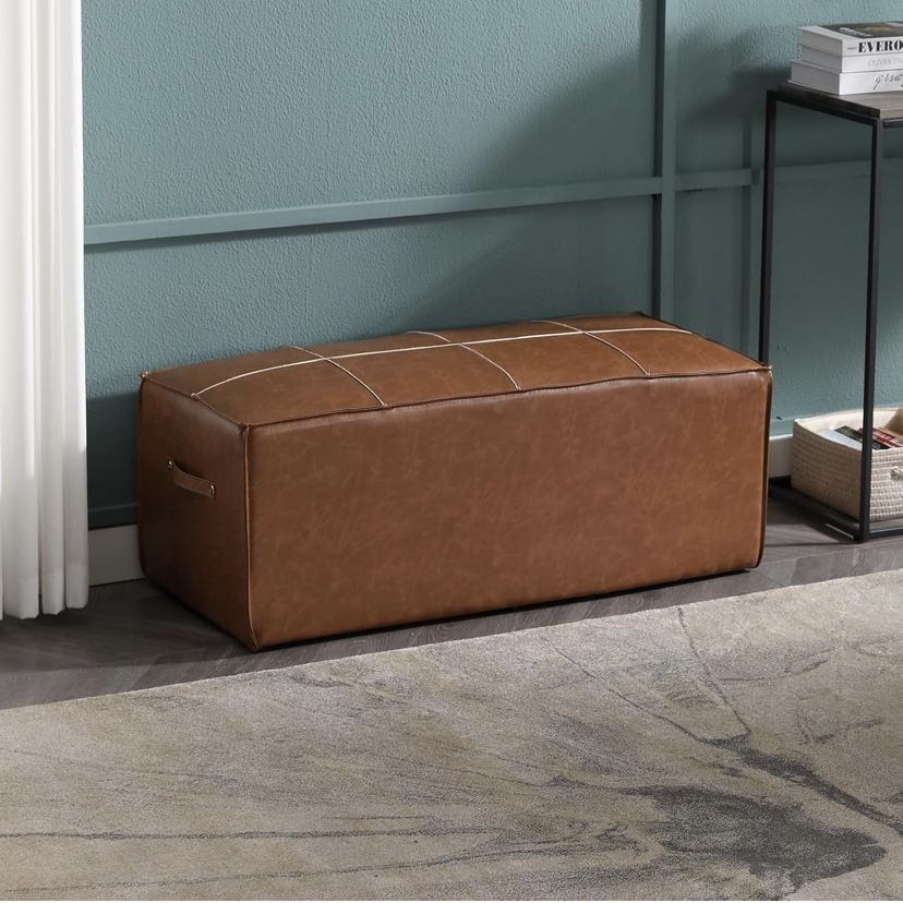 Rectangular Vegan Leather Ottoman Bench Pouf Pouffe Upholstered Foot Stool with Two Side Handle for Living Room Kids Room Bedroom, Brown(18 * 40 * 16 