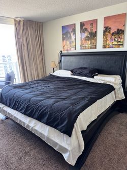 Black King Bed Frame with Upholstered Headboard
