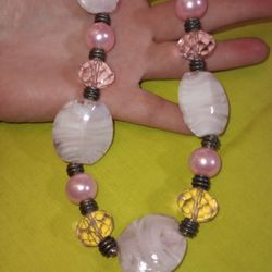 Heavy Pink Glass And Stone Beaded Statement Necklace 