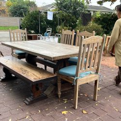 teak dining table with bench and 4 ladder back chairs 