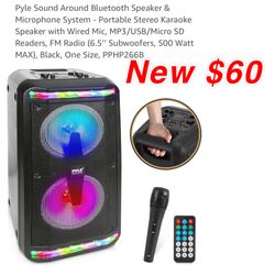 New Pyle Sound Bluetooth Speaker & Microphone System - Portable Stereo Karaoke Speaker with Wired Mic, MP3/USB/Micro SD Readers, FM Radio $60