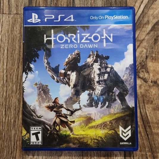 Playstation 4 PS4 Horizon Zero Dawn video game disc and case, Guerrilla Games