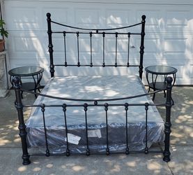 All Metal Queen Bed Set with New Box Spring Mattress, 2 Side Tables