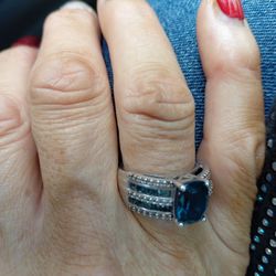 Sterling Silver, Diamond And Blue Sapphire Ring