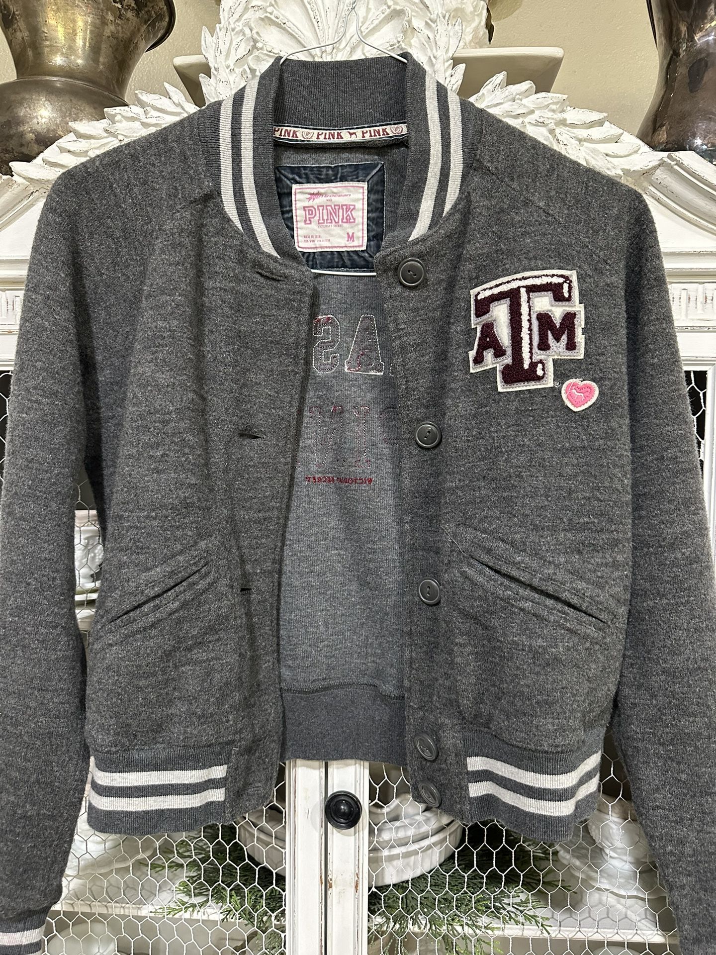 VICTORIA'S SECRET GRAY Wool JACKET PINK VARSITY BOMBER Texas ATM Alumni Sz Med