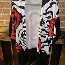 Ladies Womens Large Truth & Style QVC red black & white silky jacket sweater Retail $80